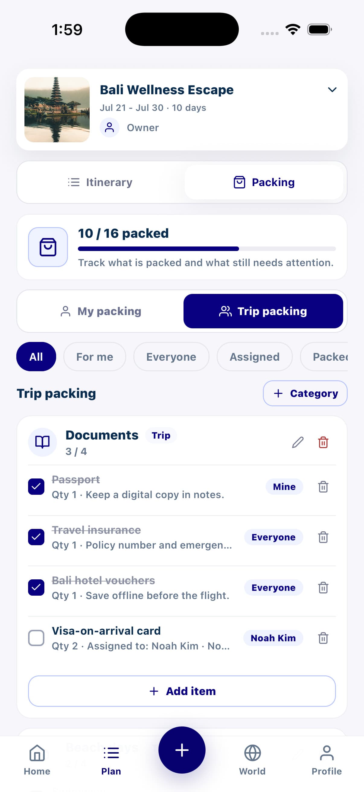 Oreviyo packing screen with categories and assigned items