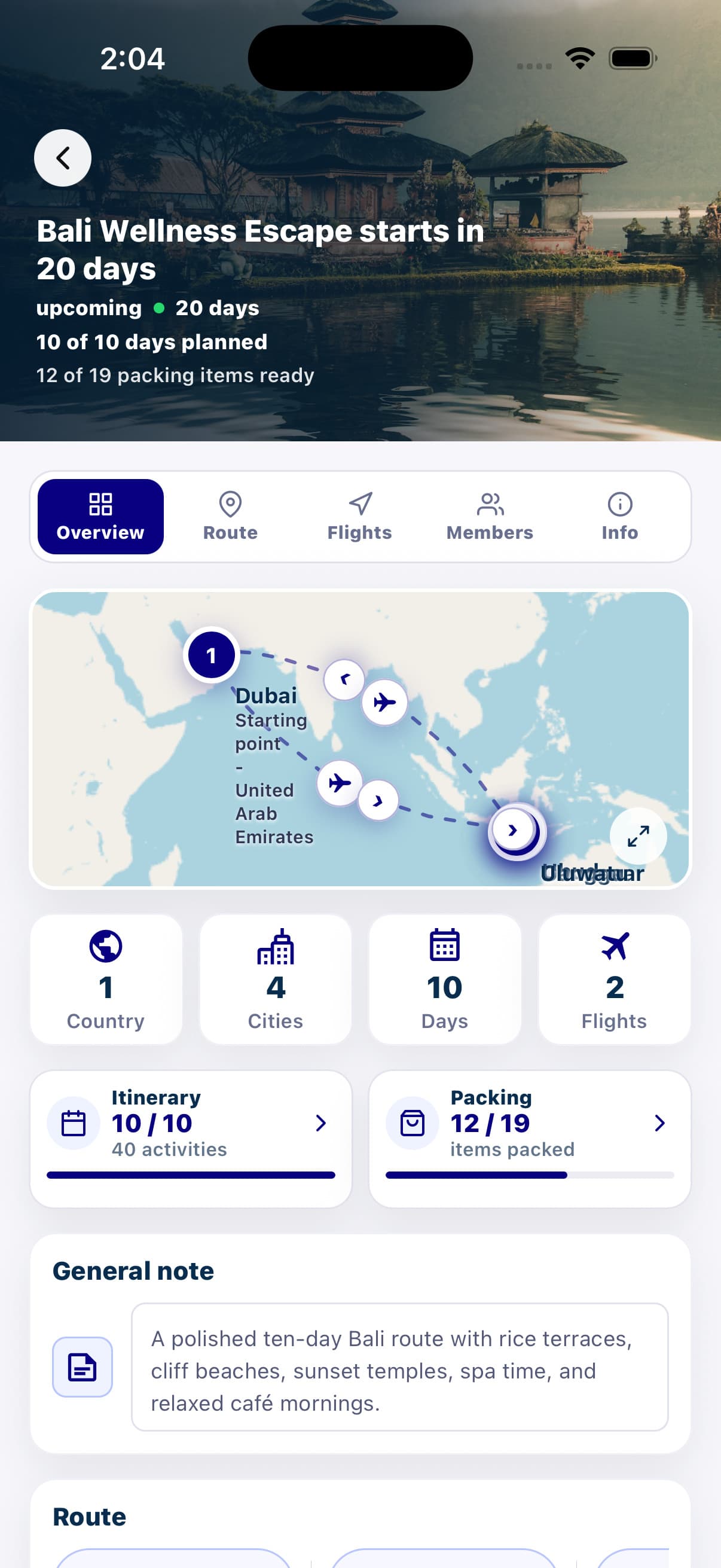 Oreviyo trip overview screen with route map and planning progress