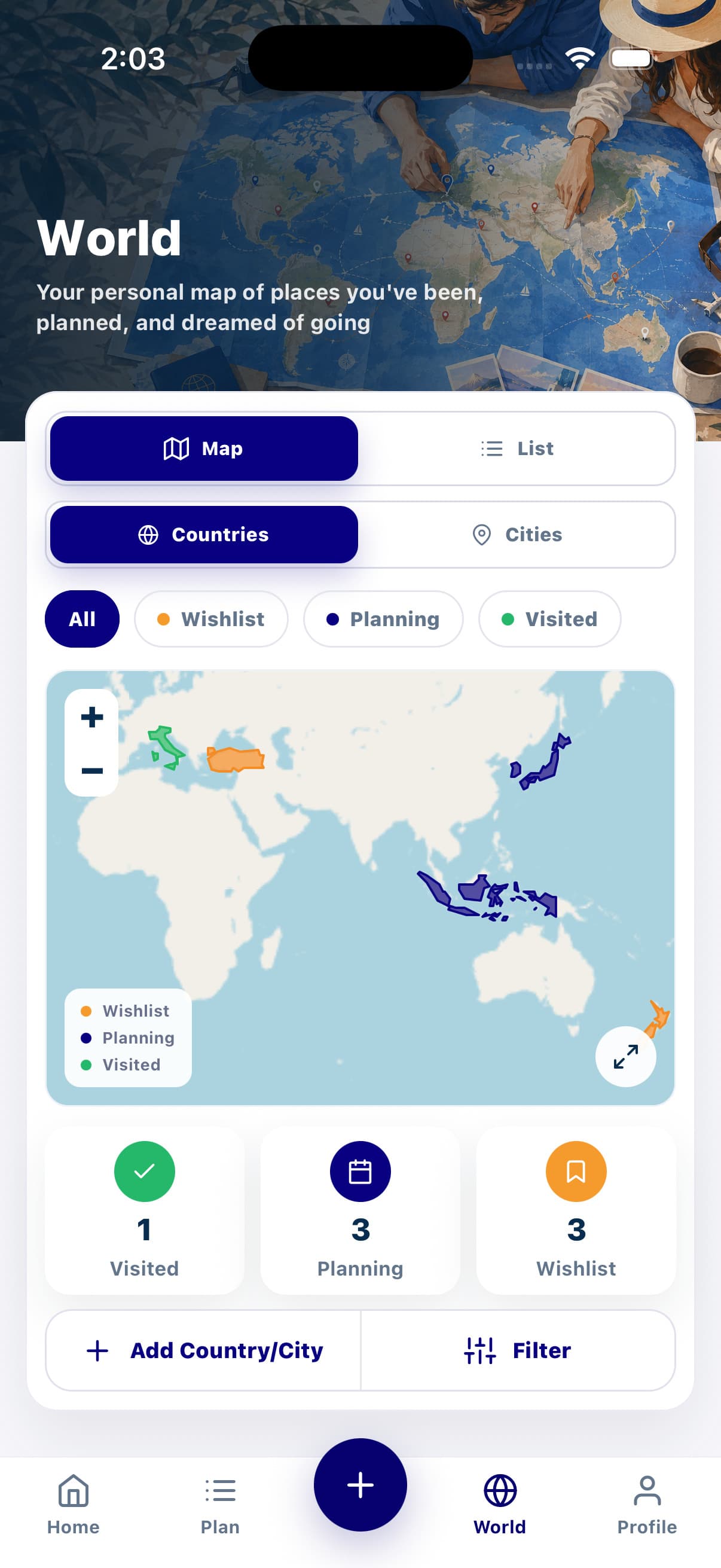 Oreviyo World screen with saved countries by wishlist, planning, and visited status